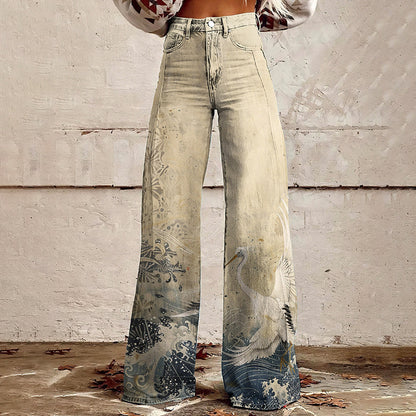 Flared Print Denim Pants