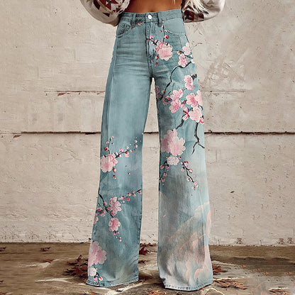 Flared Print Denim Pants