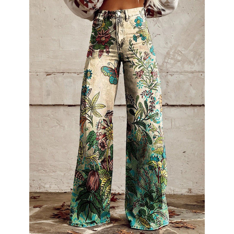 Flared Print Denim Pants