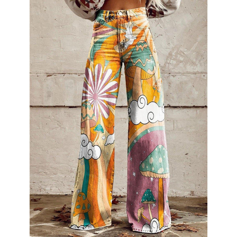 Flared Print Denim Pants