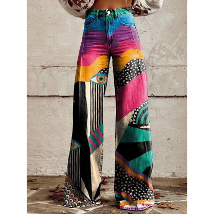 Flared Print Denim Pants