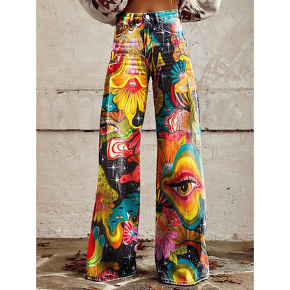 Flared Print Denim Pants