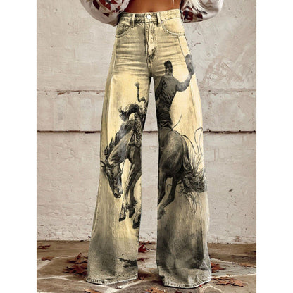 Flared Print Denim Pants