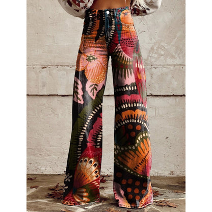 Flared Print Denim Pants