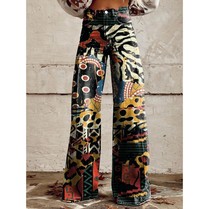 Flared Print Denim Pants