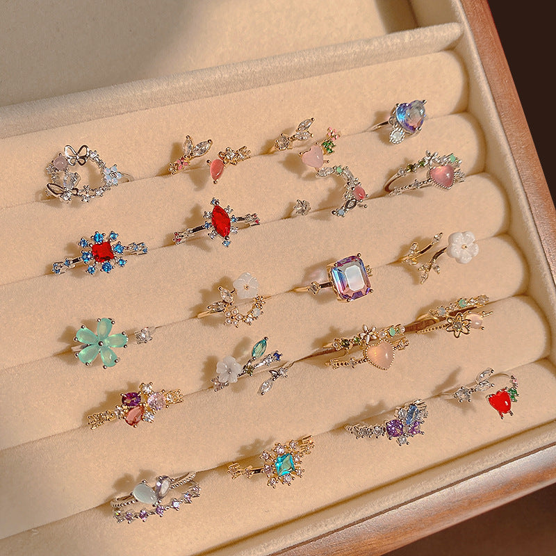 Flash Diamond Crystal Zircon Flower Ring Micro-inlaid Sweet Cyber Celebrant Personality Love Flower Opening Ring Bracelet