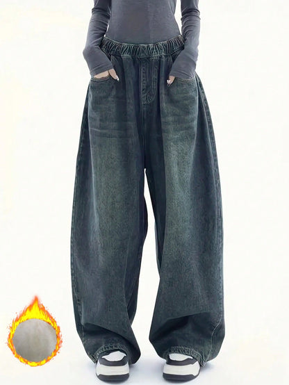 Fleece Denim Wide-Leg Pants