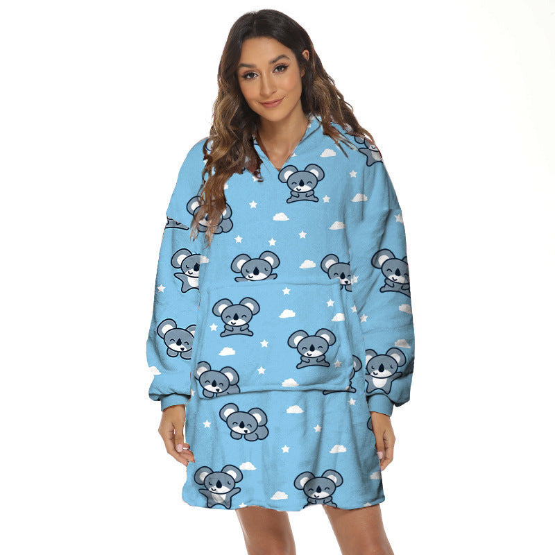 Fleece-Lined Cartoon Print Hooded Blanket