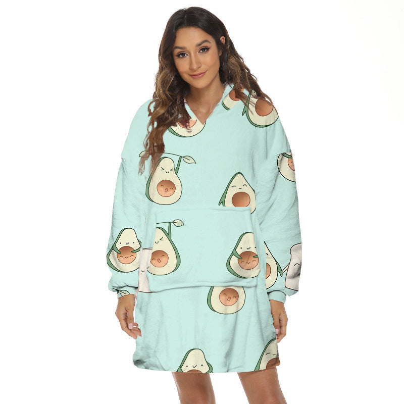 Fleece-Lined Cartoon Print Hooded Blanket