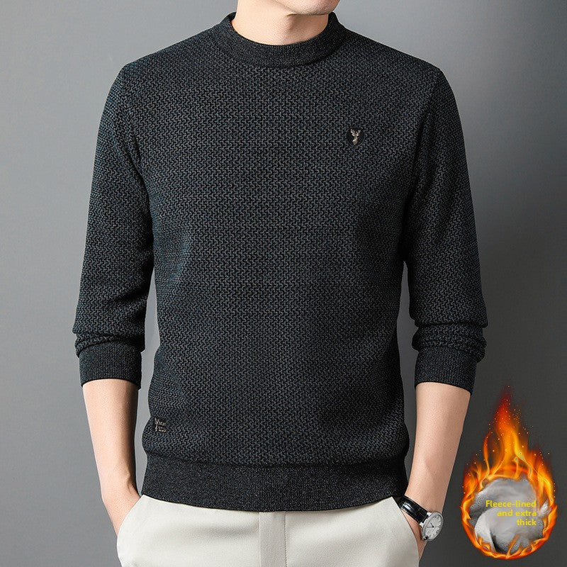 Fleece Lined Mens Knit Sweater with Embroidery