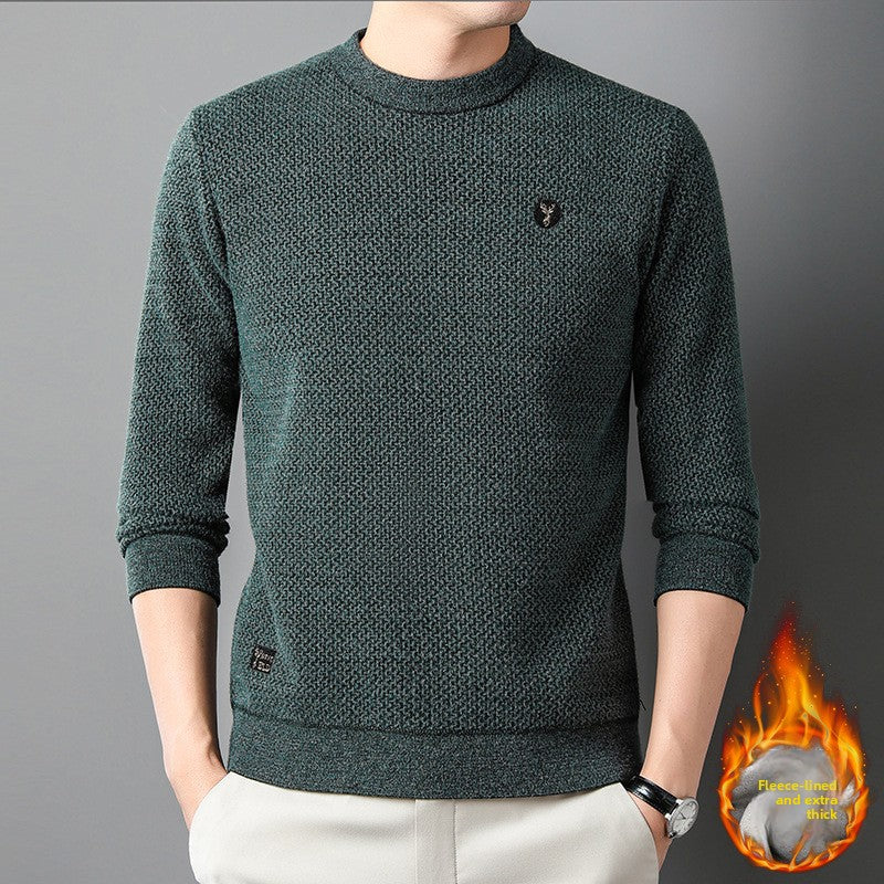 Fleece Lined Mens Knit Sweater with Embroidery