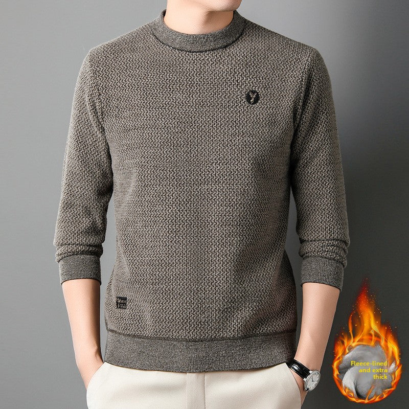 Fleece Lined Mens Knit Sweater with Embroidery