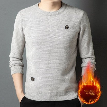 Fleece Lined Mens Knit Sweater with Embroidery