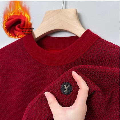 Fleece Lined Mens Knit Sweater with Embroidery