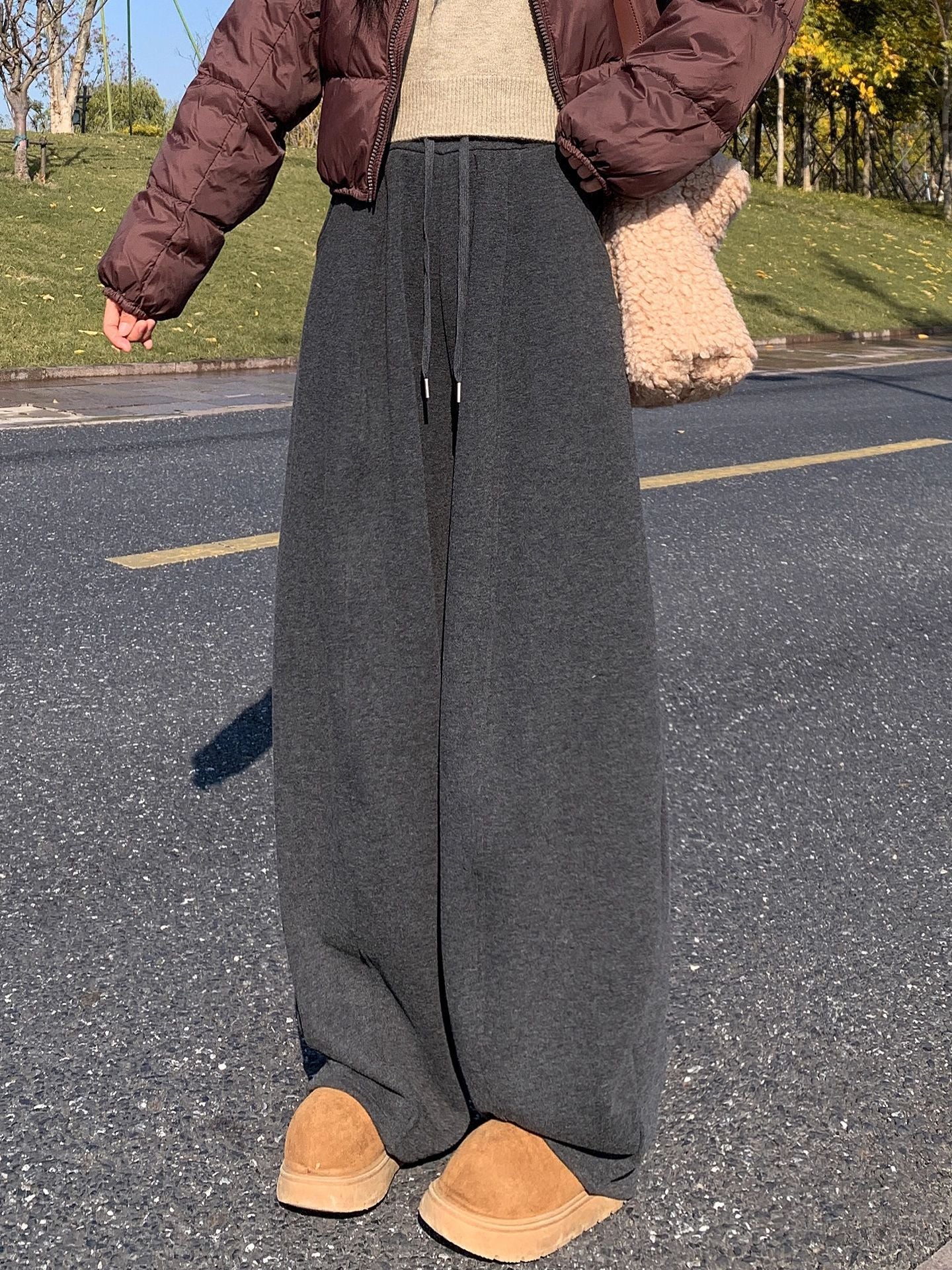 Fleece-Lined Wide-Leg Pants