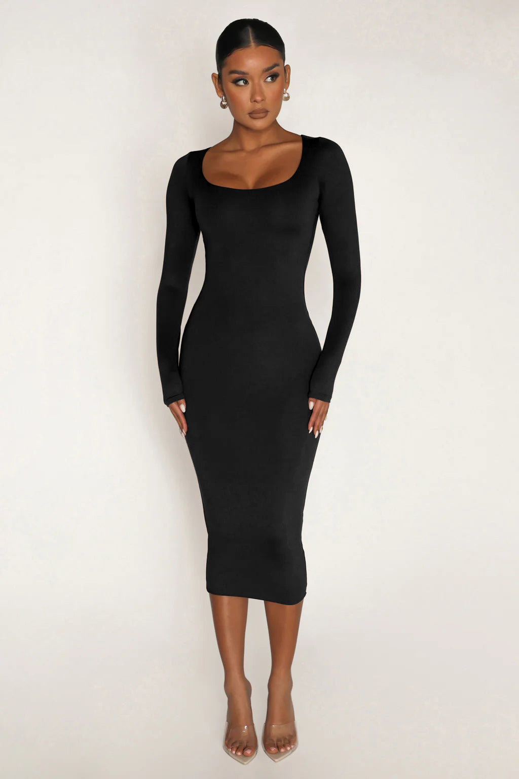 Fleece Thickened Slim-Fit Round Neck Midi Dress
