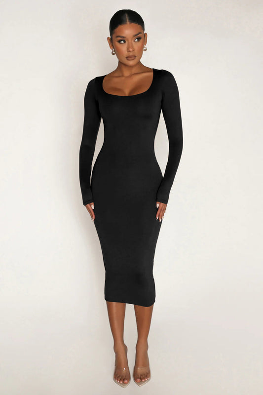 Fleece Thickened Slim-Fit Round Neck Midi Dress