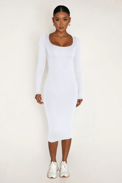 Fleece Thickened Slim-Fit Round Neck Midi Dress