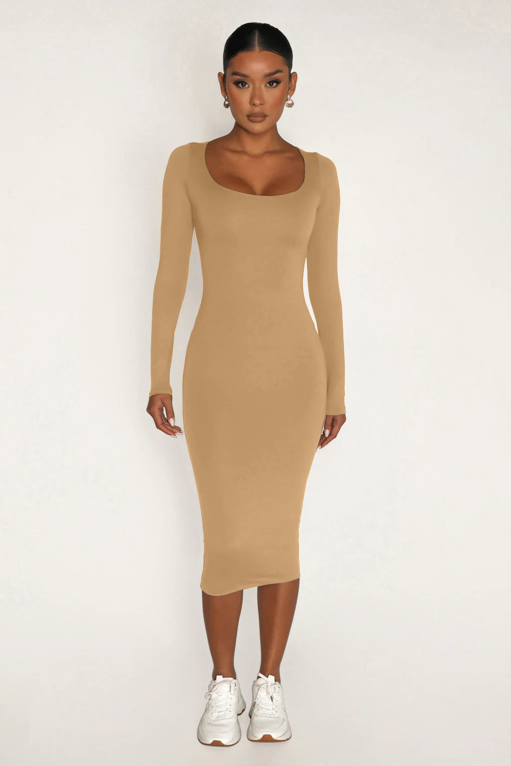 Fleece Thickened Slim-Fit Round Neck Midi Dress