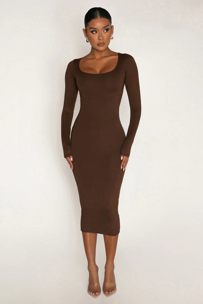 Fleece Thickened Slim-Fit Round Neck Midi Dress