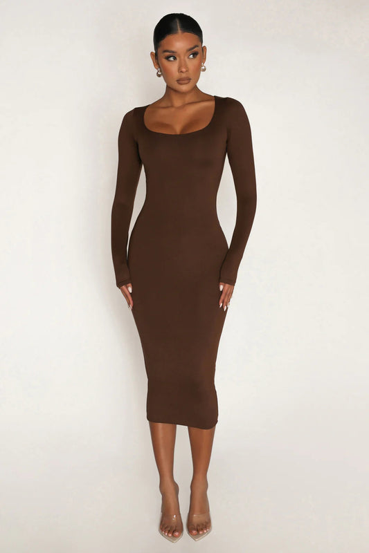 Fleece Thickened Slim-Fit Round Neck Midi Dress
