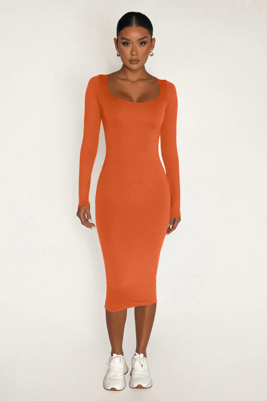 Fleece Thickened Slim-Fit Round Neck Midi Dress
