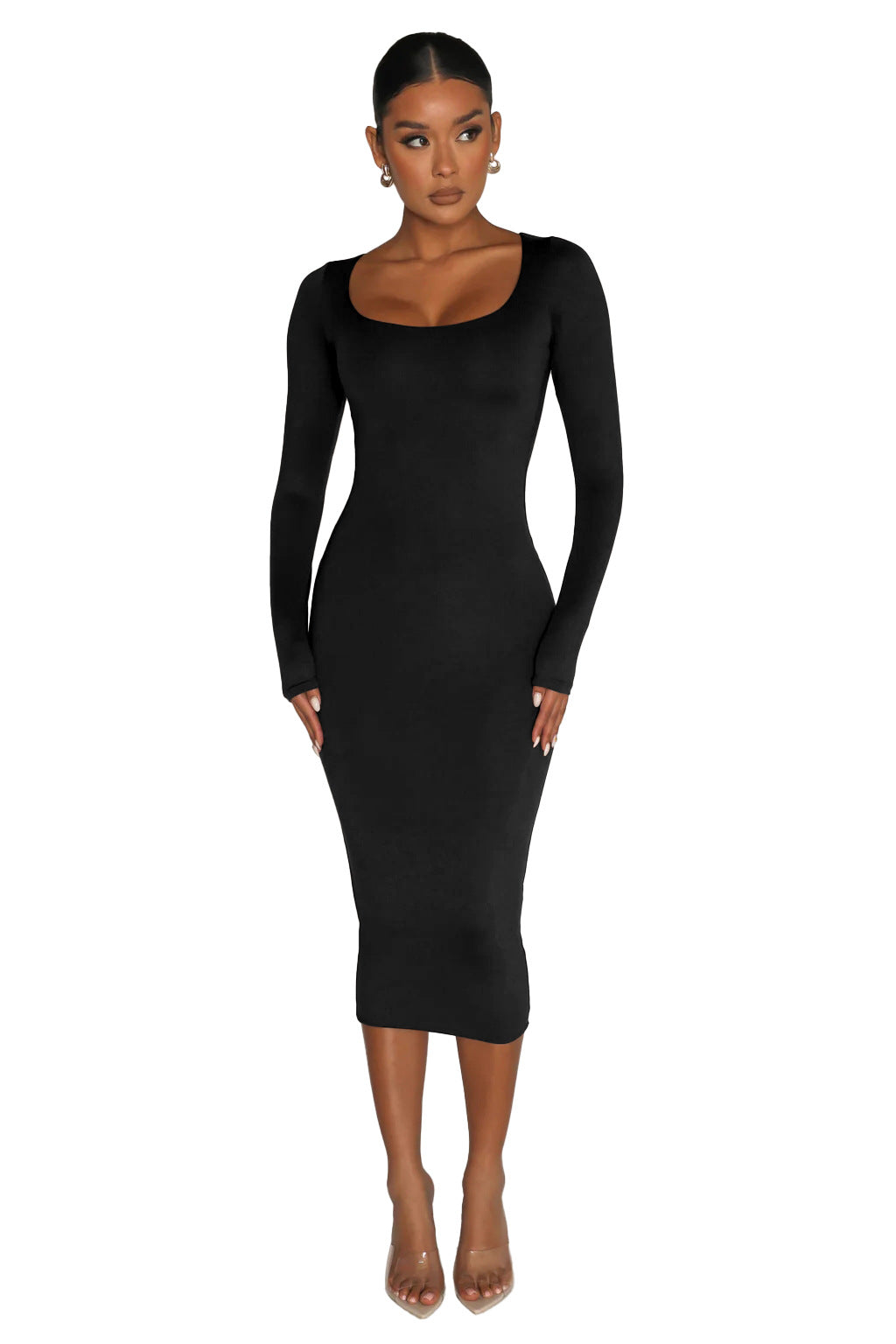 Fleece Thickened Slim-Fit Round Neck Midi Dress