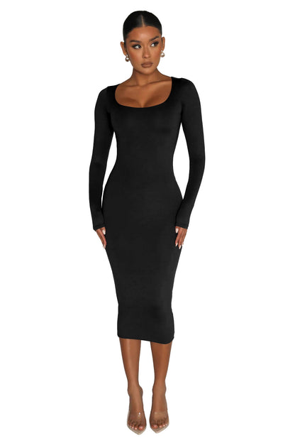 Fleece Thickened Slim-Fit Round Neck Midi Dress