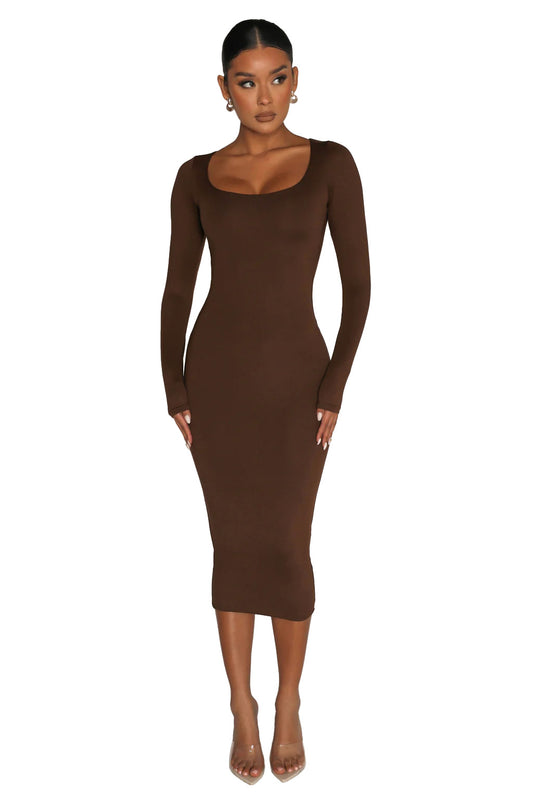 Fleece Thickened Slim-Fit Round Neck Midi Dress