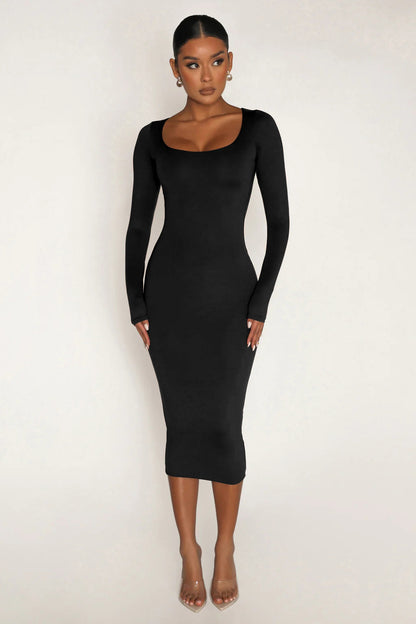 Fleece Thickened Slim-Fit Round Neck Midi Dress
