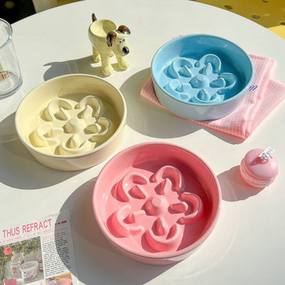 Floral Ceramic Slow Feeder Pet Bowl with Wooden Stand