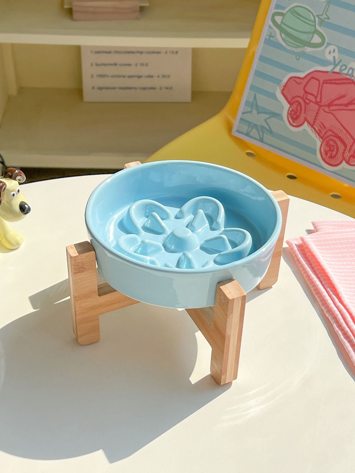 Floral Ceramic Slow Feeder Pet Bowl with Wooden Stand