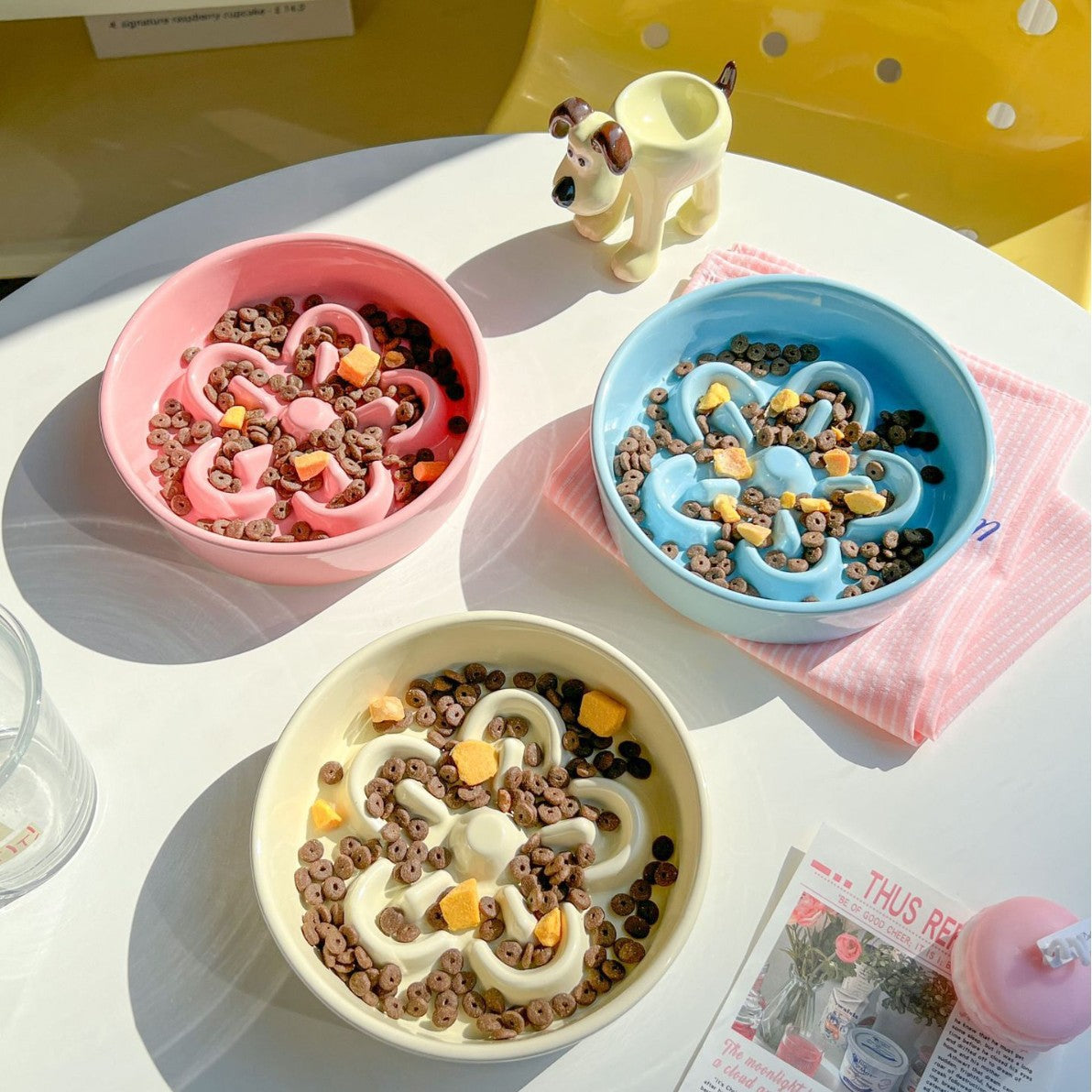 Floral Ceramic Slow Feeder Pet Bowl with Wooden Stand