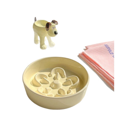 Floral Ceramic Slow Feeder Pet Bowl with Wooden Stand