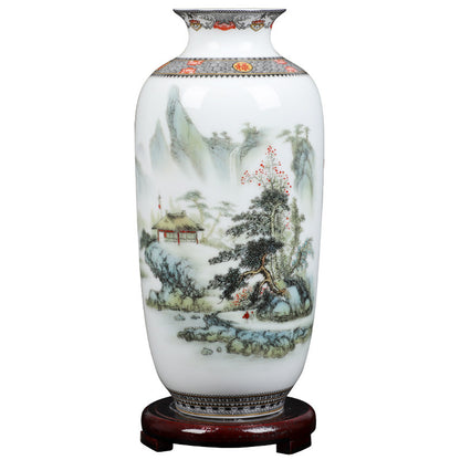 Floral Ceramic Vase with Wood Base Home Decor