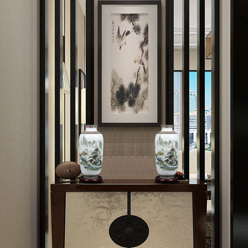 Floral Ceramic Vase with Wood Base Home Decor