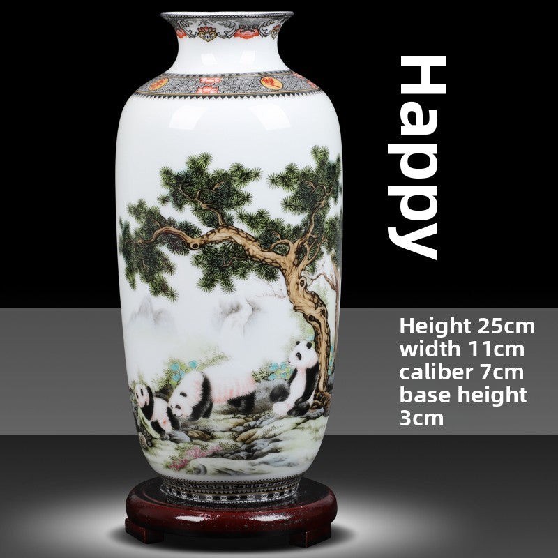 Floral Ceramic Vase with Wood Base Home Decor