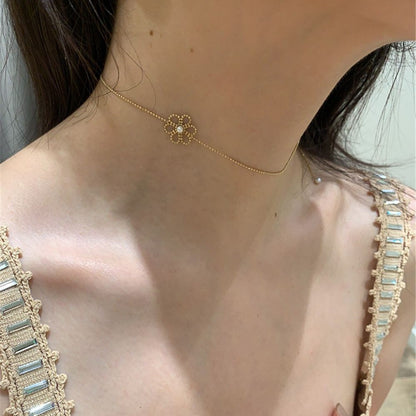 Floral Choker Necklace with Golden Pendant