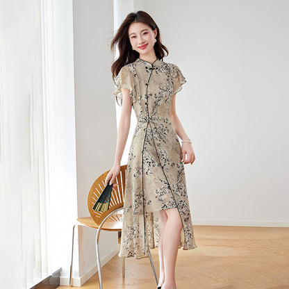 Floral Elegant Stand Collar Long Dress