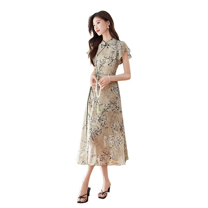Floral Elegant Stand Collar Long Dress