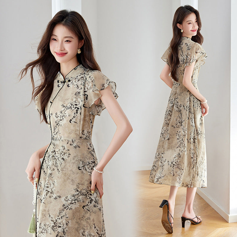 Floral Elegant Stand Collar Long Dress