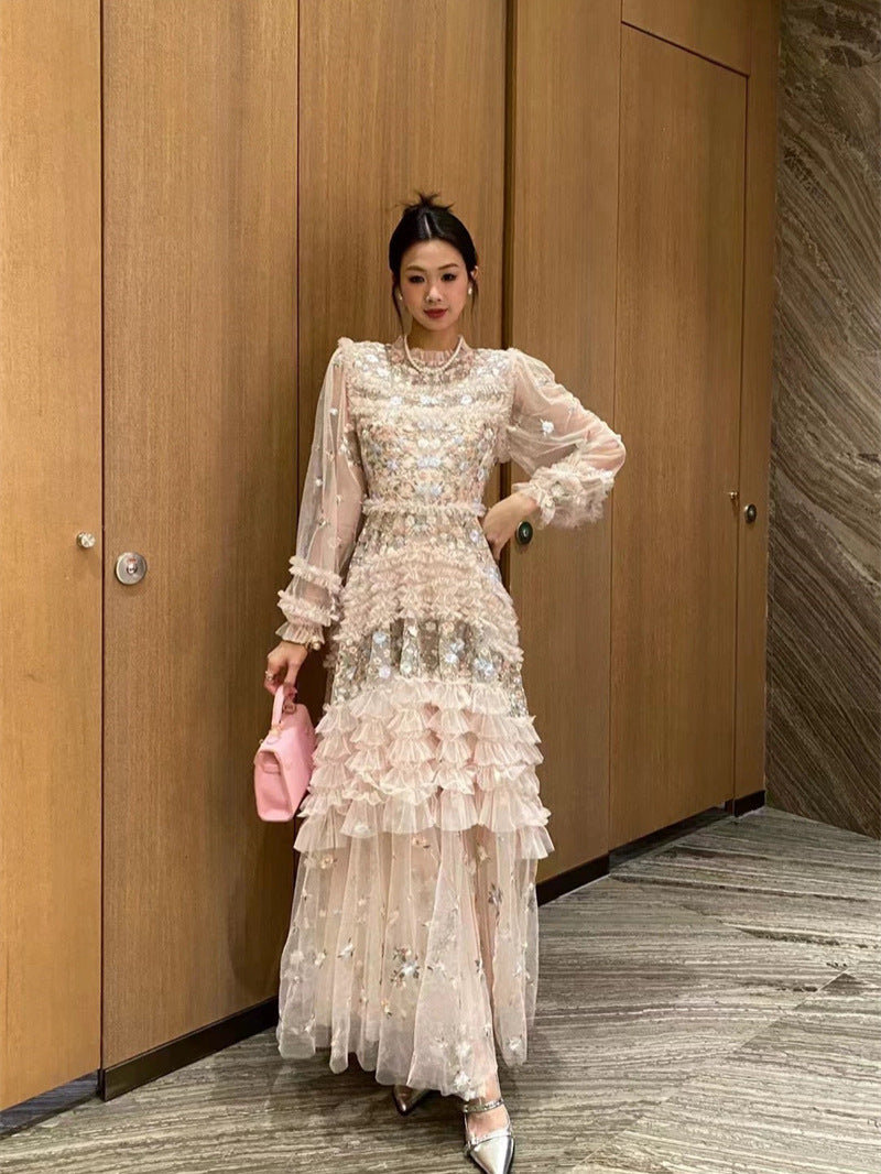 Floral Embroidered Mesh Long Dress