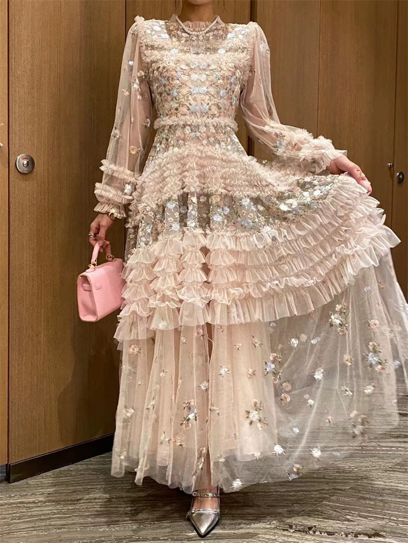 Floral Embroidered Mesh Long Dress