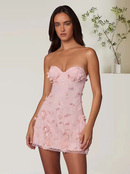 Floral Embroidery Strapless Dress