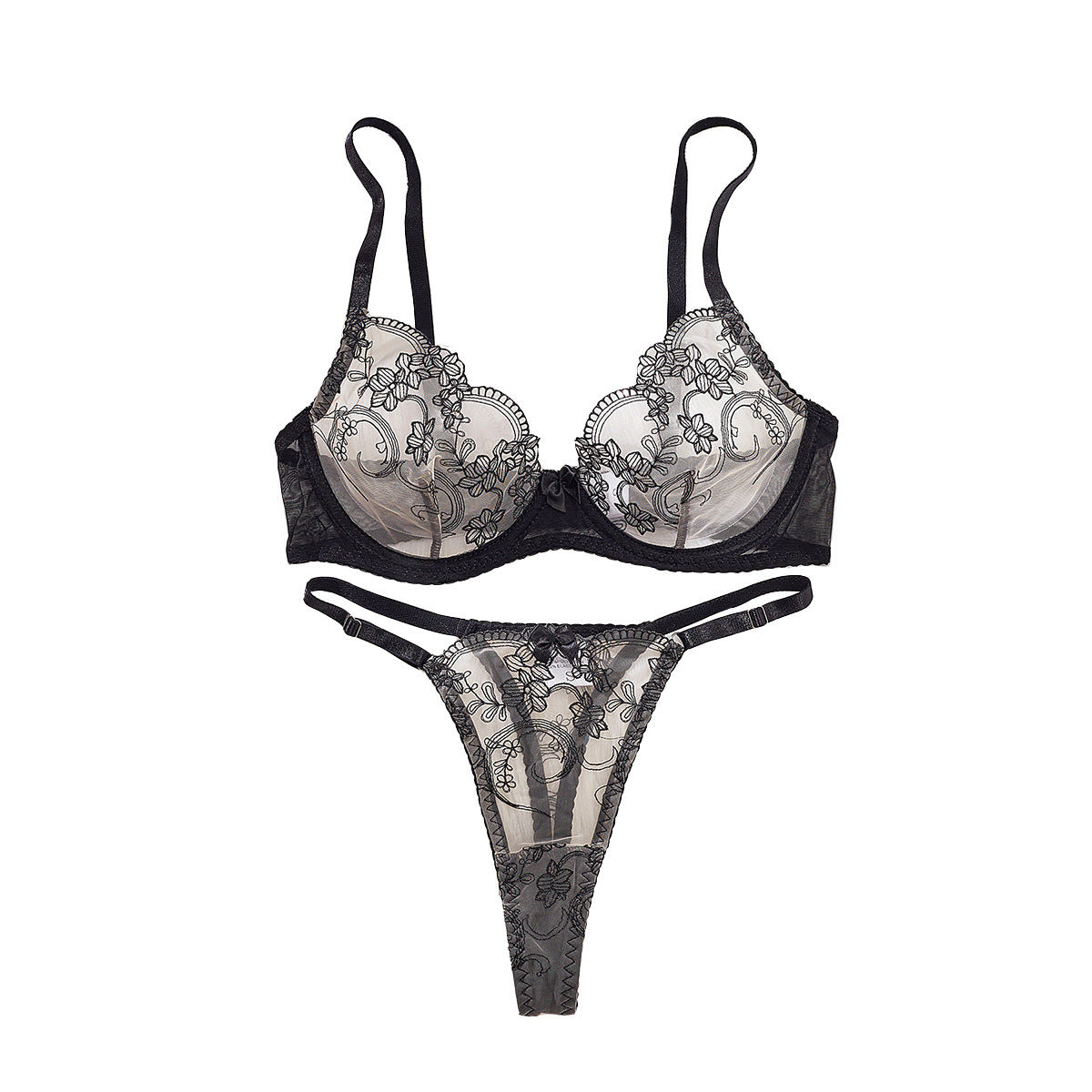 Floral Embroidery Underwire Push-Up Lingerie Set