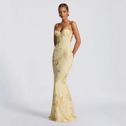 Floral Evening Dress with Backless Design