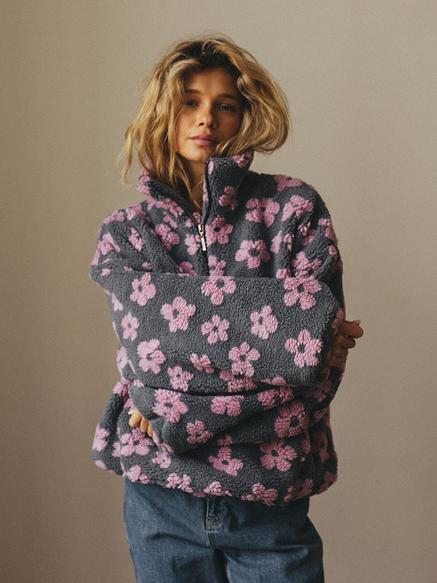 Floral Fleece Hoodie Women Loose Fit Stand Collar