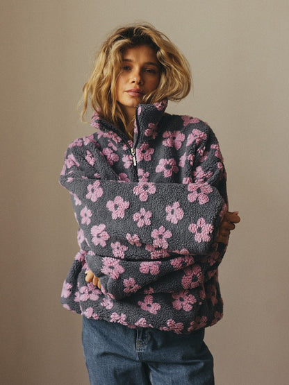 Floral Fleece Hoodie Women Loose Fit Stand Collar