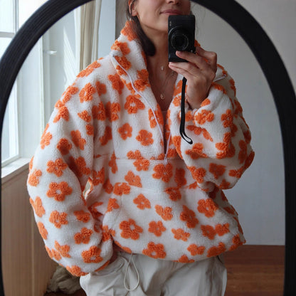 Floral Fleece Hoodie Women Loose Fit Stand Collar