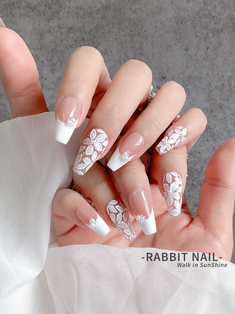 Floral French Handmade Wearable Nails